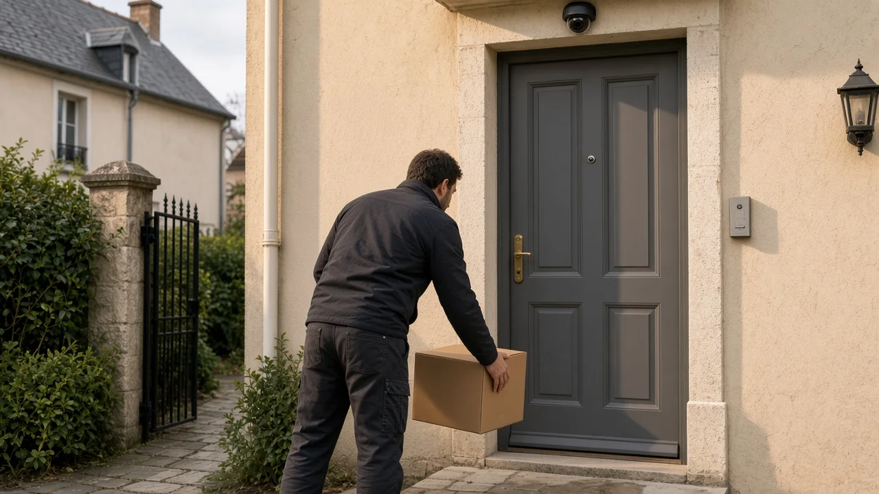 Bote, der ein Paket gegen eine Tür keilt