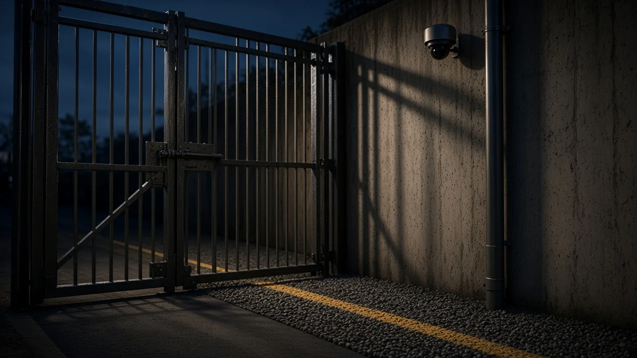 Kiesstreifen zwischen Mauer und Gitter, Dome am Mast, gelbe Linie am Boden